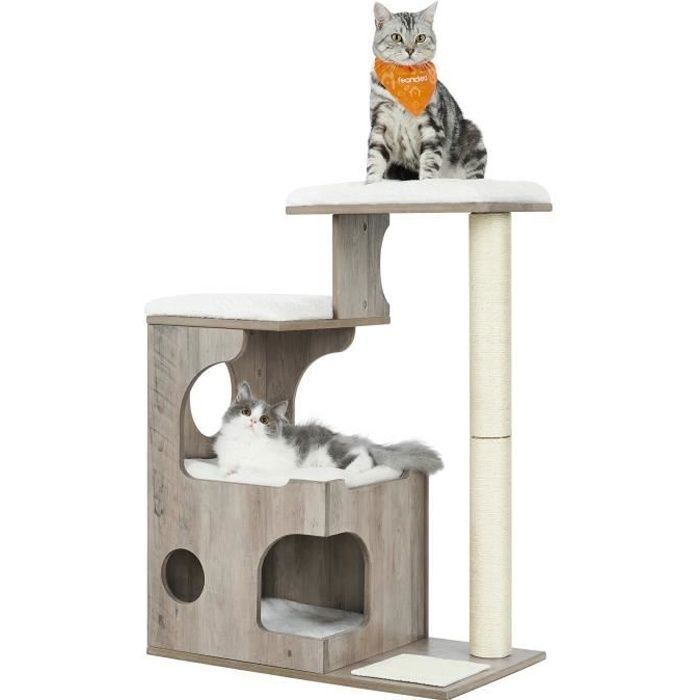 Comparer les prix de FEANDREA Arbre à Chat, Hauteur 86 cm, 3 Plate-Formes et 1 Niche, Panneau MDF, Poteau en Sisal, Tissu Peluche Lavable, PCT070G01