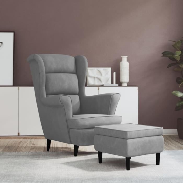 Fauteuil à oreilles - KEENSO - KN005 - Gris clair - Velours - Avec tabouret
