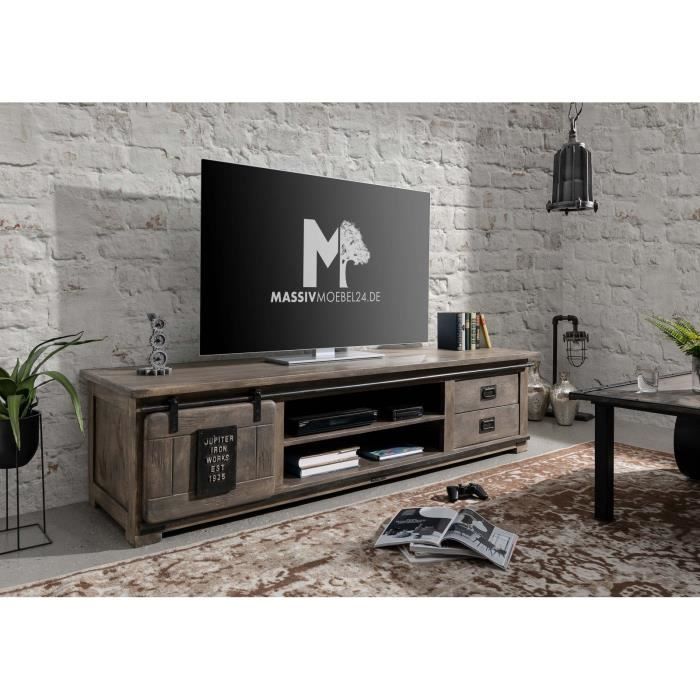 Meuble TV en bois dacacia huilé RAILWAY N° 436 - MASSIVMOEBEL24 - Rectangulaire - 50 cm - brun
