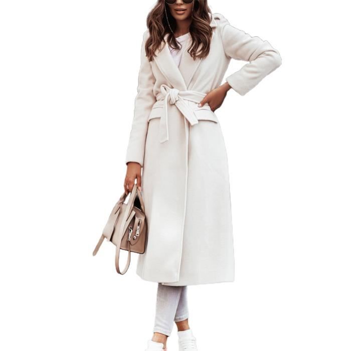 Femmes Oversize Manteau Couleur Unie Ceinture Automne Hiver Col Rabattu Ourlet Fendu Long Manteau pour Bureau White Cdiscount Pret a Porter