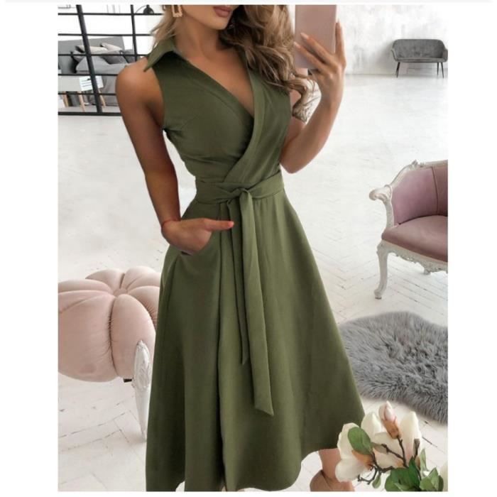 Robe longue unie femme ete chic Robe Col chemise Robe de plage vert Manches courtes Robe col v fille pas cher avec la ceinture Vert Cdiscount Pret a Porter