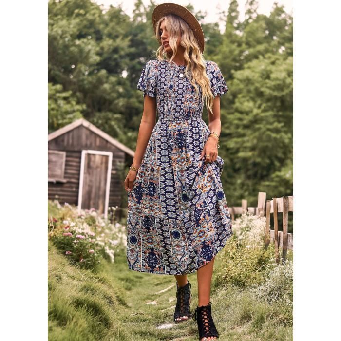 Robe De Plage Femme Courte Ete Decontracte Fluide Robe Tee Shirt Femme Chic sans Manche Imprimé Floral Trou De Serrure Ample Mini Robe Soiree Pas Cher Vacances