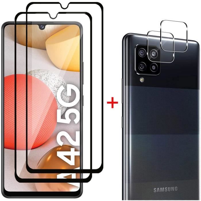 2 Pack Pour Samsung Galaxy A42 5G 6.6 Noir Verre Trempé Protection Ecran +  2 Pack Verre Trempé Caméra Arrière Protecteur