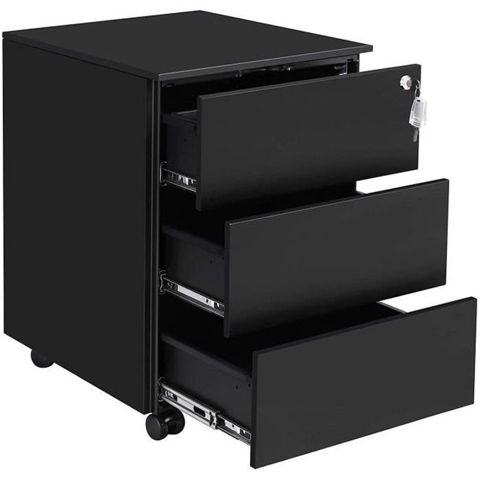 caisson de bureau mobile songmics - 3 tiroirs verrouillables - noir mat - acier - 39 x 45 x 55 cm