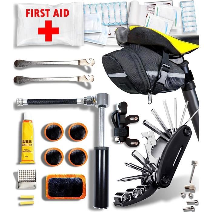 WONCROW Kit Réparation Vélo + Trousse Premiers Secours – Sacoche Selle, Pompe, Multifonction, Rustines, Démonte-pneu, Pour Crevaison, VTT, Route, électrique