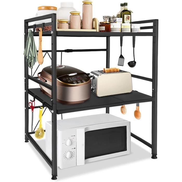 Étagère à Micro-Ondes Extensible 3 Niveaux Acier Carbone - Support Cuisine Avec 8 Crochets (Noir)