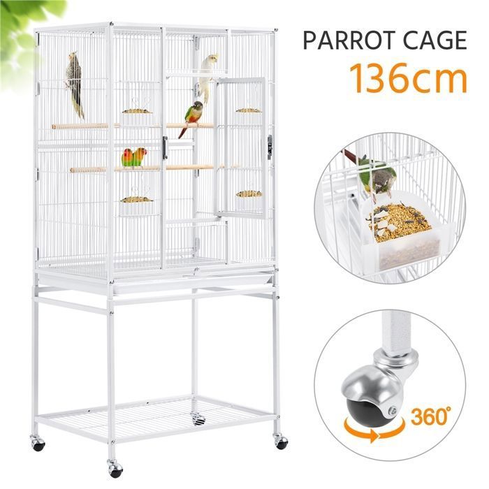 Meilleurs prix pour Yaheetech Cage-Volière Oiseaux avec Détable à roulettes Cage pour Perroquet Gris 65,5 x 42,5 x 136,5 cm Blanc