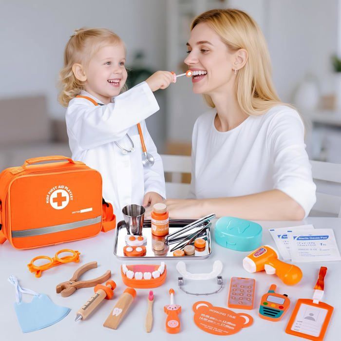 EFO SHM Malette Docteur – 33 Pièces Jeu Dentiste Avec Vrai Stéthoscope – Kit Montessori Pour Enfant 3-6 Ans – Idéal Pour Jeu De Rôle