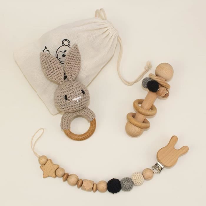 Kit DIY attache tétine ourson perles bois naturel et crochet vert menthe et  pêche - normes CE , NF 71