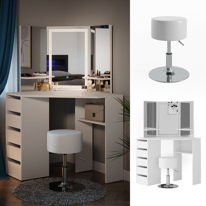 Coiffeuse Layla Blanc Gris Avec Miroir LED Et Tabouret - Vicco, Design Moderne Pour Ado