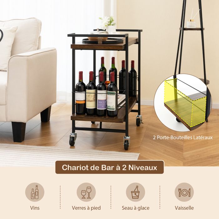 Desserte Glacière Bar Roulante 50 L – Avec 2 Plateaux Étendus – Roulettes Et Ouvre-Bouteille – 127x42.5x74 Cm