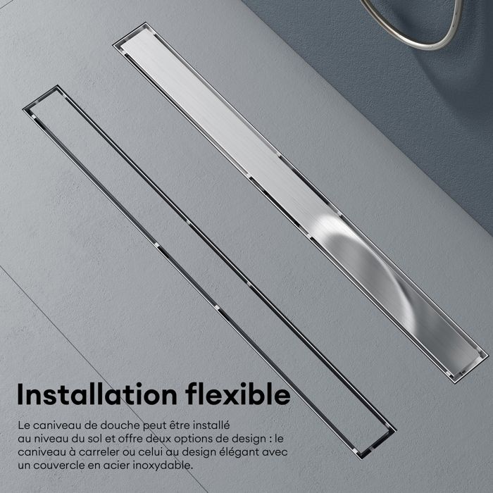 iYueMps Caniveau de Douche 80 cm, Caniveau Douche Italienne Extra Plate, Panneau de Ligne,Acier INOX, Avec Siphon à Bloqueur D'odeurs et Filtre à Cheveux,Drainage Rapide