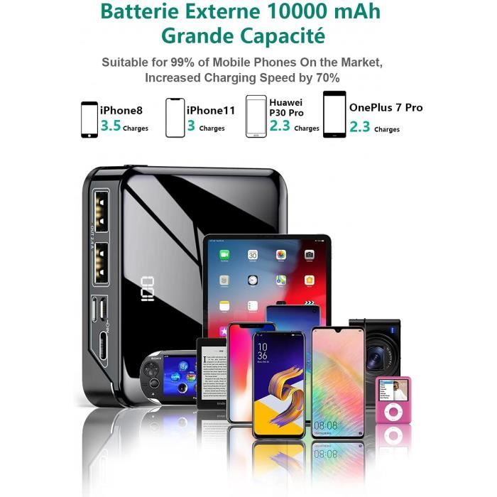 Batterie Externe 10000mAh Mini Ultra Compact Power Bank 2 USB Ports de 2.4A  Charge Rapide