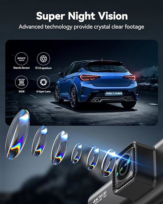 REDTIGER Caméra de tableau de bord avant 4K, contrôle par application Wi-Fi 5G, écran tactile de 3,18, vision nocturne UHD 2160p, carte de 32 Go gratuite, grand angle de 160°, GPS intégré