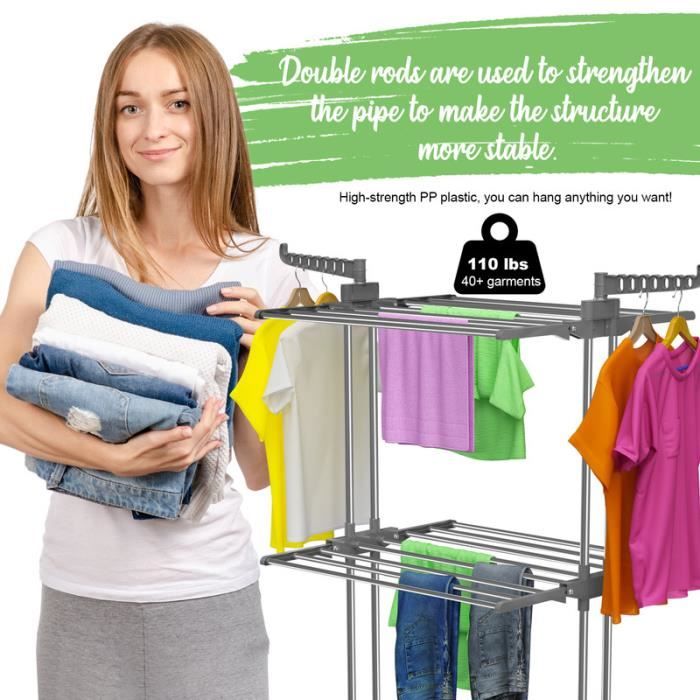Utaxuper Étendoir à Linge Intérieur 3 Niveaux Gris - Extensible Pliable Avec Roulettes, Charge 40kg/88lbs, 168cm