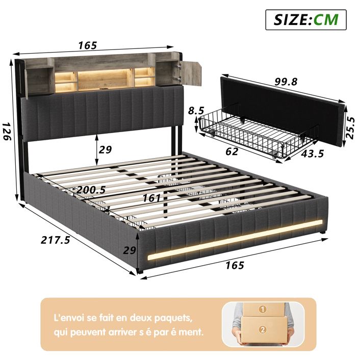 Lit à sommier tapissier, 160 x 200 cm, avec sommier à Lattes, élégant et rembourré, avec Espace de Rangement, 4 tiroirs, éclairage LED Individuel, Ports USB et Type C, Design Moderne Beige