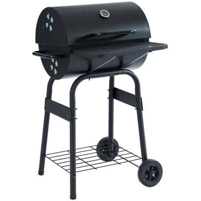 Barbecue Charbon Demi Tonneau James Barbecue A Charbon Avec Couvercle Type Fumoir 2 Roues Et