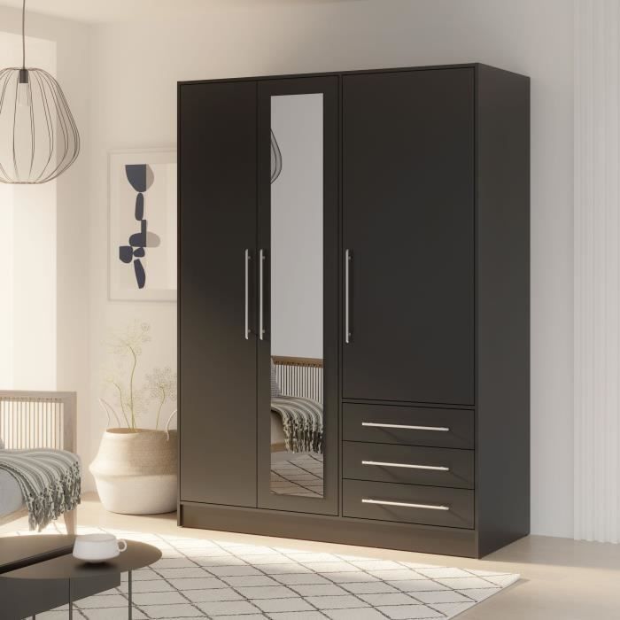 Armoire 3 portes battantes avec miroir + 3 tiroirs - Bois aggloméré - Noir - L 144,6 x P 60 x H 200 