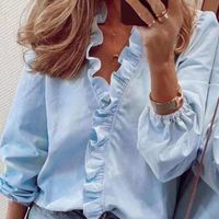 Chemise Femmes Coton Ample Decontracte Confortable Mode Chic Populaire Nouveau - bleu Blanche