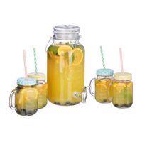 Relaxdays Distributeur de boisson 4 L, 4 verres, limonade, carafe verre robinet, retro, fontaine boisson, transparent