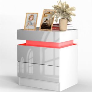 CHEVET Table de chevet LED - LDSZXNE - Blanc - 2 tiroirs - 45x35x52cm