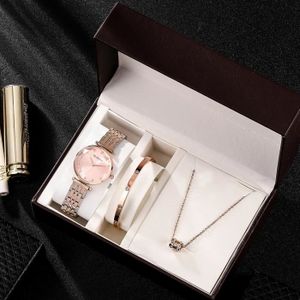 MONTRE RMEGA Coffret Cadeau Montre Femme + Bracelet Femme + Collier Femme Parure BIjoux  Etanche Vintage - Chronologie - Acier - Or Rose