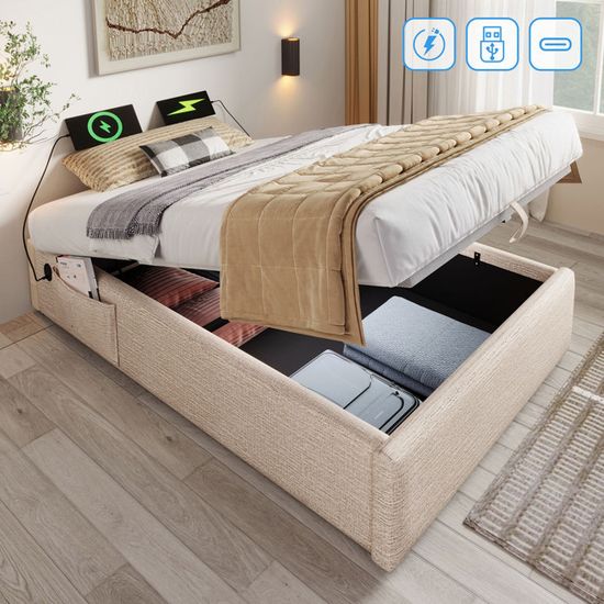 Lit 90x190 En Bois Avec Tête De Lit Rangement, Ports USB Et Tiroirs – Gain De Place, Sommier Latté 120kg, Livré Depuis L’Allemagne