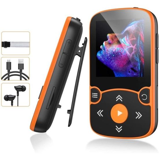 Lecteur MP3 Sport AGPTEK Bluetooth 5.0 avec Clip 32Go HiFi Baladeur Musique, Radio FM/Podomètre, Orange