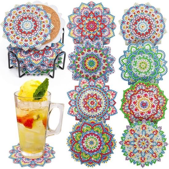 8 Pièces Sous-Verres 5D Diamond Painting Arbre De Vie - Kit DIY Multicolore Avec Support Liège - Activité Créative Adulte Enfant