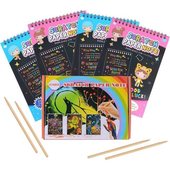 Kit Dessin à Gratter Enfant - 50 Feuilles Arc-en-Ciel + 5 Stylets + 4 Gabarits - Activité Créative