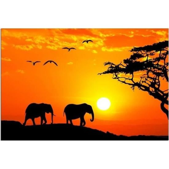 Tableau Toile éléphants Coucher De Soleil - 90x60 Cm Décoration Murale Salon
