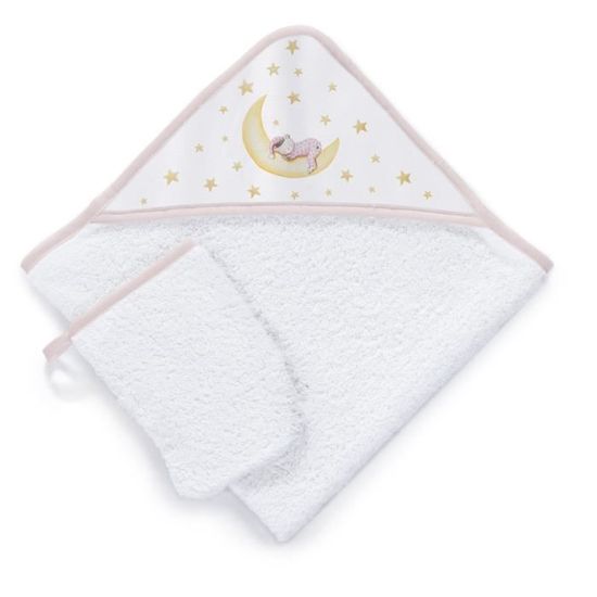 NAF NAF - Sortie de bain bébé 100% coton 75x75cm + gant de toilette  thème "MARLON NIGHT" rose