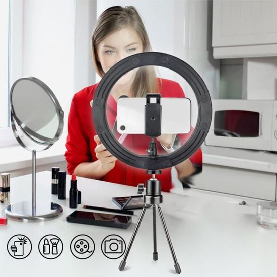 Anneau Lumineux LED 10 Pouces USB – Ring Light Dimmable 3 Couleurs + Trépied & Clip Smartphone