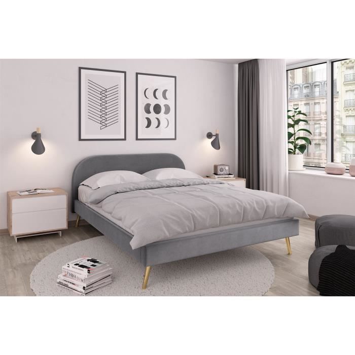 Zen Lit Scandinave Velours Gris Fonce Et Pieds Dores Sommier Et