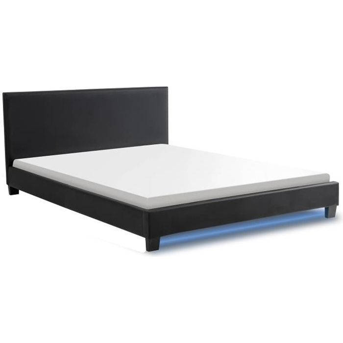 Monaco Lit Adulte Contemporain Avec Led Simili Noir Sommier Et