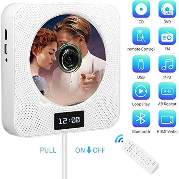 Lecteur CD/DVD Portable, Montage Mural Bluetooth Lecteur DVD/CD avec Télécommande,Haut-Parleur HiFi intégré/Radio FM/Prise de Casque