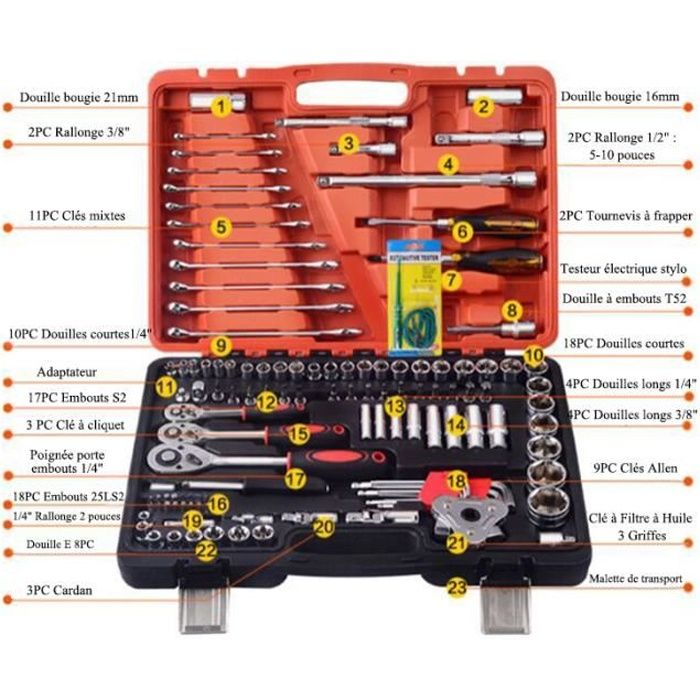 Jeu de 121 pièces Coffret de Douilles Clés mixtes Clés à Cliquet pour Réparation Voiture Auto Mécanique avec Malette