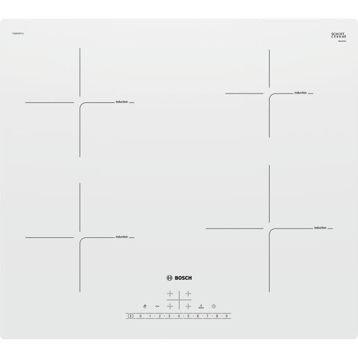 Bosch Serie 4 PUE612FF1J, Intégré, Plaque avec zone à induction, Verre-céramique, Blanc, 1400 W, 14,5 cm