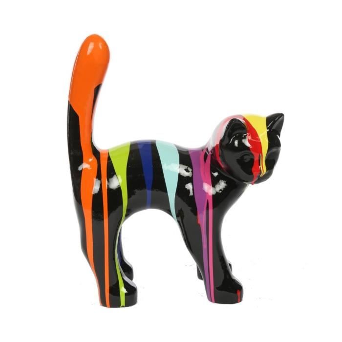 Statue chat en résine que droite multicolore fond noir 35 cm H 35 L 26 l 13 Multicolore