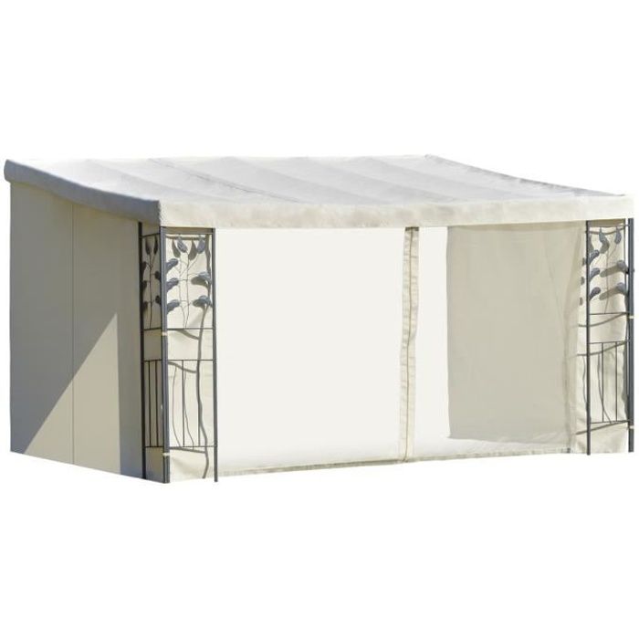 Pergola adossable dim. 4L x 3l x 2,7H m pavillon de jardin toile polyester haute densité moustiquaires crème structure métal époxy g