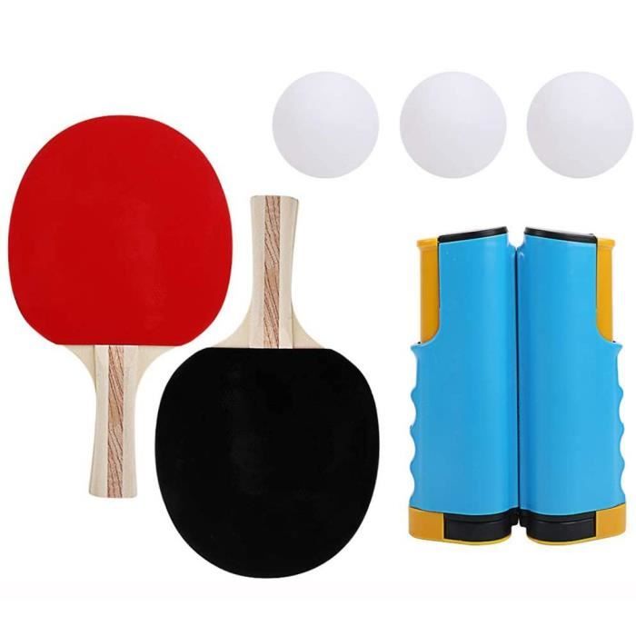 Filet de ping-pong portable et rétractable avec pince à clip - 1 filet de tennis de table, 3 balles de ping-pong, 1 paire de raquett