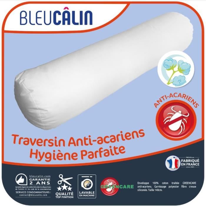BLEU CALIN Traversin Anti-acariens - 100% coton - Traitement Naturel Greencare 140 cm