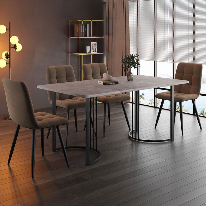Ensemble Table et Chaises Salle a Manger Table de Cuisine avec 4 Chaises en Velours Gris Pieds de Table Noirs5pieces