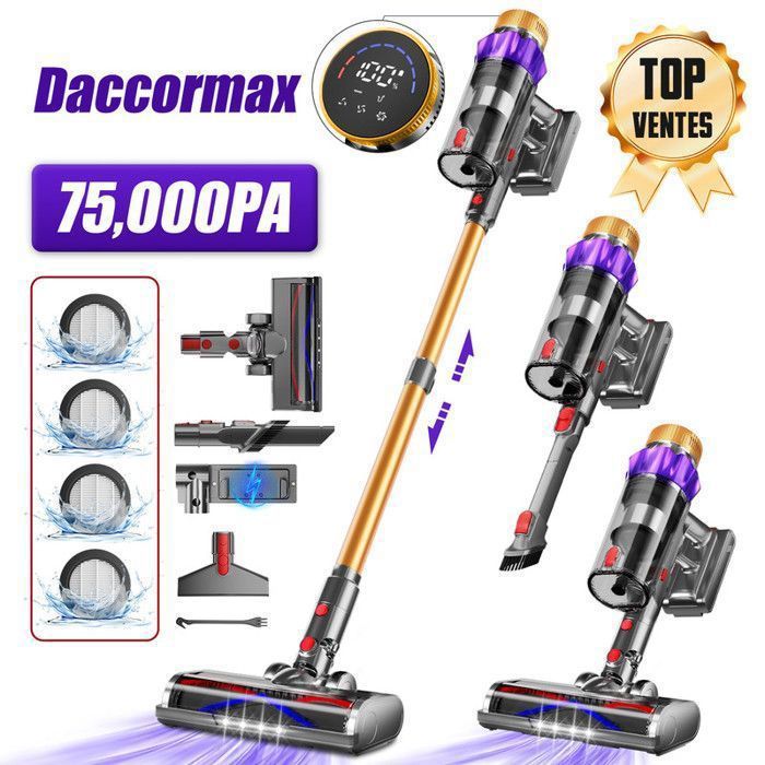 Aspirateur balai sans fil 75000PaAutonomie de 70 minBatterie de 10x2200mAhCapacité de 2LMoteur sans balais - Daccormax