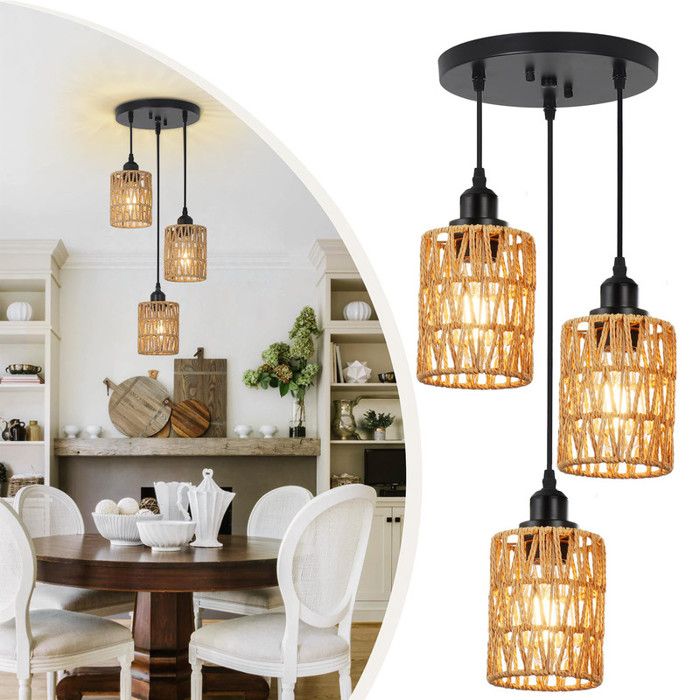 Luminaires Suspendus en Rotin Réglable Naturel Lustre Tissage Vintage Luminaire Suspendu pour Salle Chambre - 3 Lumières