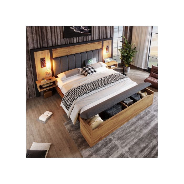 Lit double 180x200 Lit adulte Ensemble lit avec lampe de lecture table de nuit USB-C et banquette Sommier lattes bois Chêne