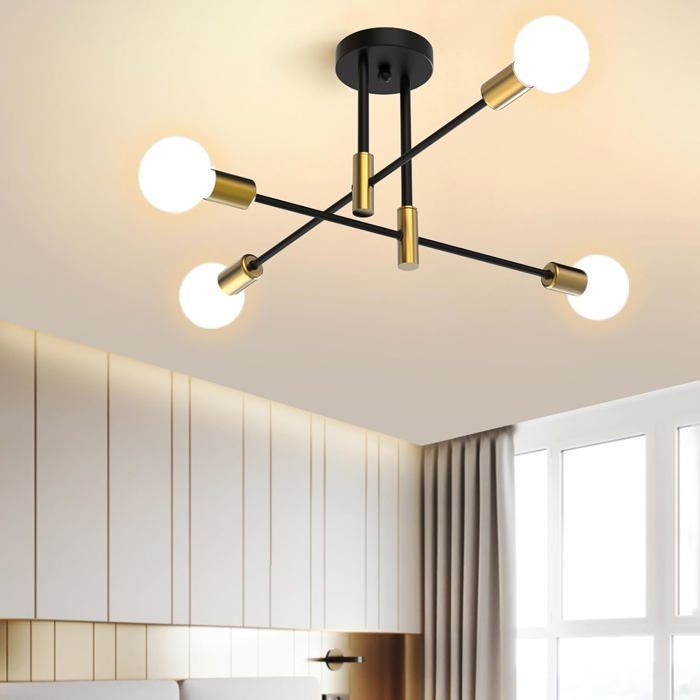 E27 4 Lumières Lustre - Luminaires Intérieur Vintage - Aucune ampoule incluse - Noir et Or [Classe énergétique E]