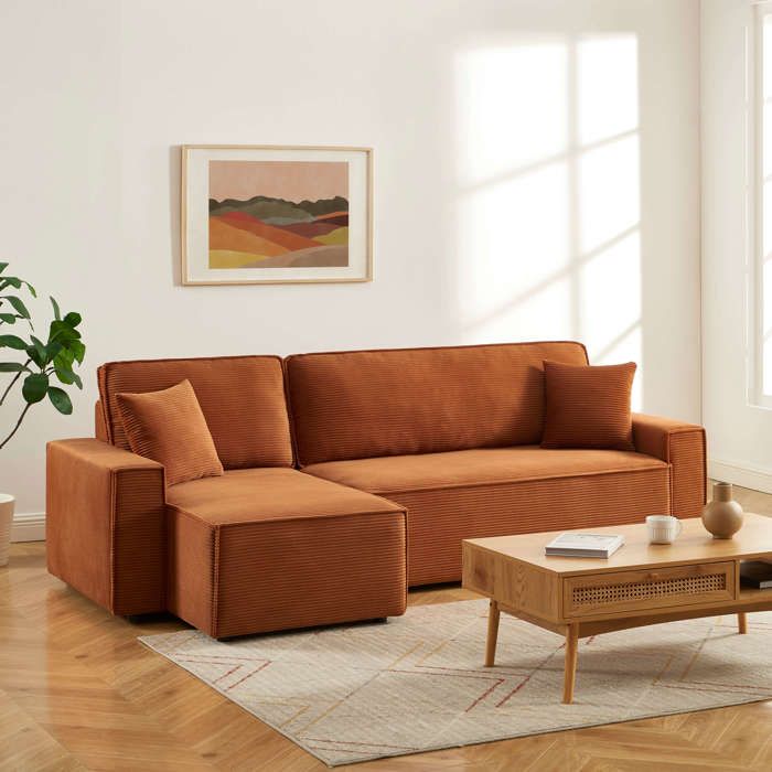 Canapé dangle convertible et réversible 4 places ZOLA velours côtelé terracotta