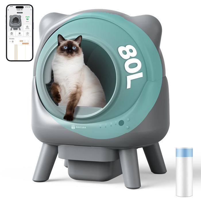Litiere Chat Autonettoyant 80L-AMICURA X1-Sécurité 10XContrôle des Odeurs 15 Joursavec APP-Gris