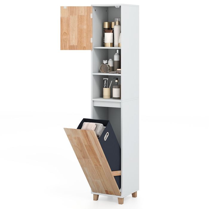 GIANTEX Armoire de Salle de Bain avec Porte Étagères Ouvertes Panier à Linge Caché pour Salon Balcon 32 x 31 x 170 5 cm Blanc GIANTEX Armoire de Salle de Bain avec Porte Étagères Ouvertes Panier à Linge Caché pour Salon Balcon 32 x 31 x 170 5 cm Blanc
